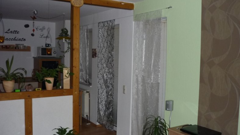 Wohnzimmer und Küche sind nur durch einen Raumteiler getrennt.
