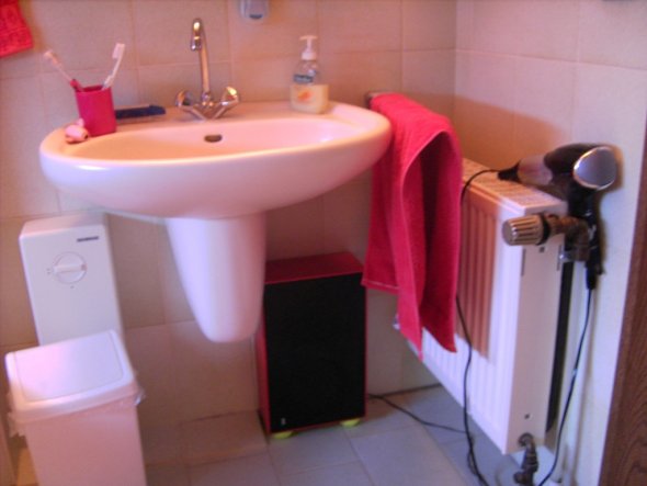 unabkömmlich:  die Musikbox, versteckt unterm Waschbecken, wodurch man auch im Bad noch die Musik oder den Tv-Sender hören kann, den man im Wohnzimmer